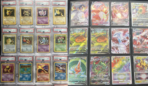Pokemon card collection featuring vintage PSA slabs and modern full art cards in binder