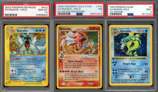 Top 3 Gyarados Pokémon cards in PSA 10 – rare and valuable collector cards from Base Set, Gold Star, and Neo Revelation