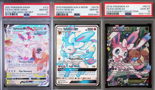 Three valuable Sylveon PSA 10 Pokémon cards, including Sylveon VMAX from Evolving Skies, Sylveon GX from Hidden Fates, and Sylveon EX from the Generations Radiant Collection, displayed in graded PSA cases.
