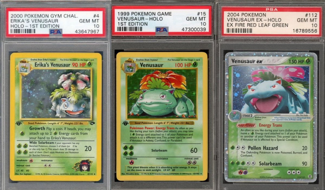 Three valuable Venusaur Pokémon cards – Base Set 1st Edition, Erika’s Gym Challenge, and EX FireRed & LeafGreen shown side by side in PSA slabs.