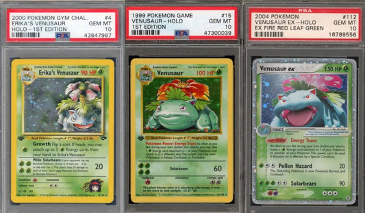 Three valuable Venusaur Pokémon cards – Base Set 1st Edition, Erika’s Gym Challenge, and EX FireRed & LeafGreen shown side by side in PSA slabs.