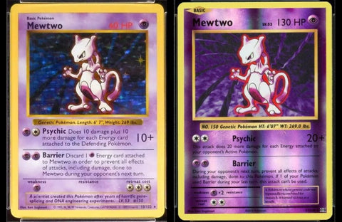 vintage shadowless mewtwo with modern evolutions reverse holo mewtwo for comparison