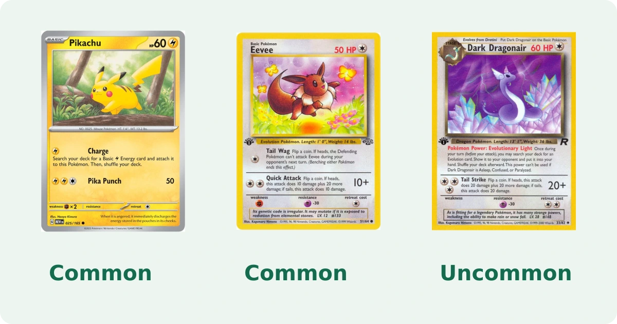 Common Pikachu and Eevee cards beside an Uncommon Dark Dragonair, showing ordinary-looking Pokémon cards worth identifying.