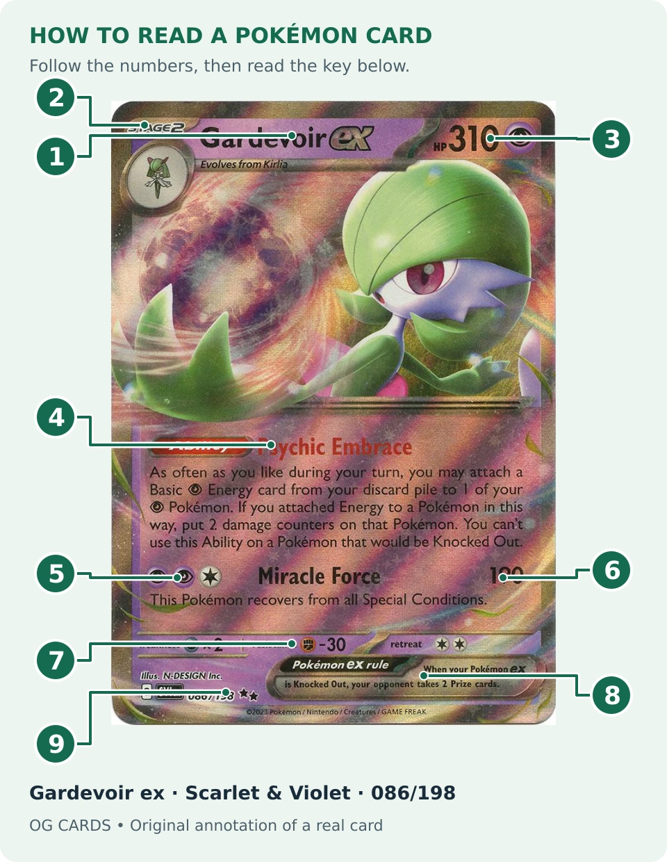 Gardevoir ex 086/198 annotated with nine numbered pointers: name, evolution stage, HP and type, Ability, attack cost, attack and damage, defensive information, ex rule and collector details.
