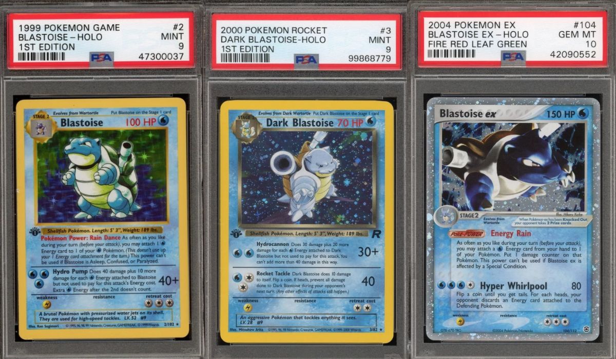 Three rare Blastoise Pokémon cards from different TCG sets – Base Set, Team Rocket, and EX era