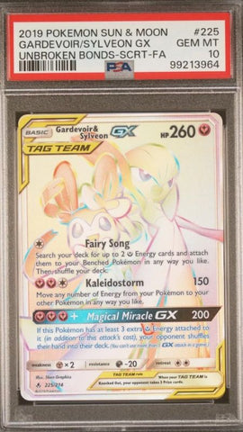 Gardevoir & Sylveon-GX 225/214 Rainbow Secret Rare from Unbroken Bonds, graded PSA 10