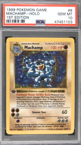 1st Edition Shadowless Machamp Base Set Pokémon card PSA 10 – rare early print