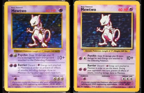 comparison of shadowless and regular Mewtwo Base Set Pokemon cards