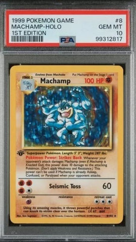 1st Edition Machamp Base Set Pokémon card PSA 10 – common starter deck version with shadow