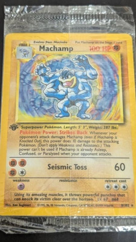 1st Edition Machamp 8/102 Base Set Pokémon card sealed in original plastic – starter deck version