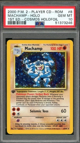 1st Edition Machamp 2000 Cosmos Holo Pokémon card PSA 10 – CD-ROM Starter Set reprint