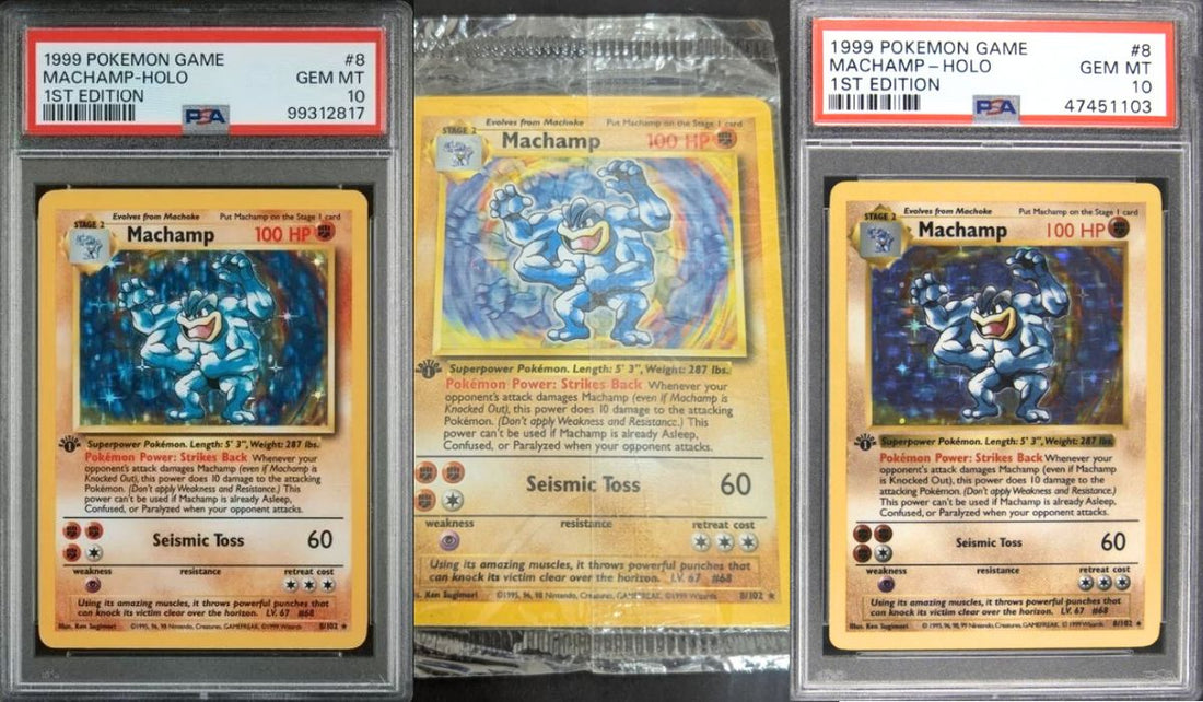 Three 1st Edition Machamp Pokémon cards – Shadowless, Base Set Unlimited and raw