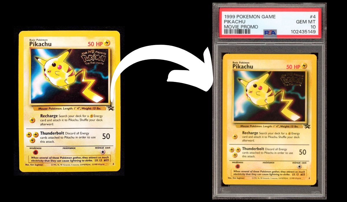 Raw Pikachu promo card next to PSA 10 graded version with arrow showing grading transformation