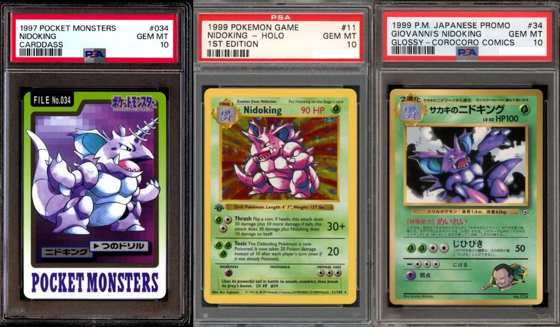 Top 3 most valuable Nidoking Pokémon cards in PSA 10 – Base Set, Aquapolis, and CoroCoro Promo