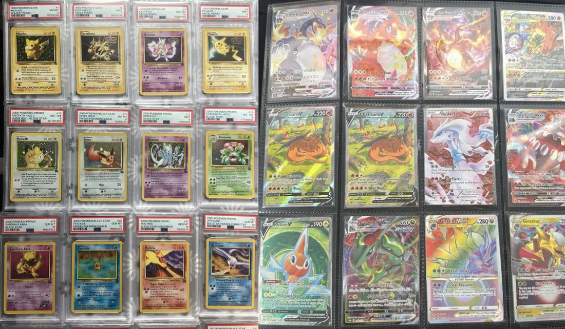 Pokemon card collection featuring vintage PSA slabs and modern full art cards in binder