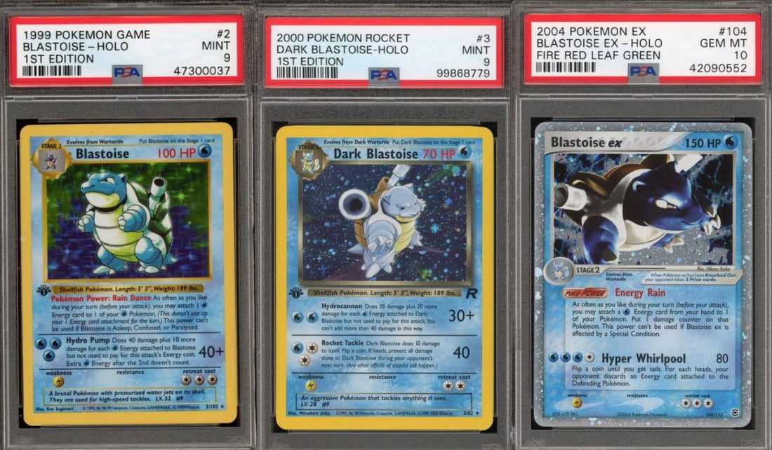 Three rare Blastoise Pokémon cards from different TCG sets – Base Set, Team Rocket, and EX era