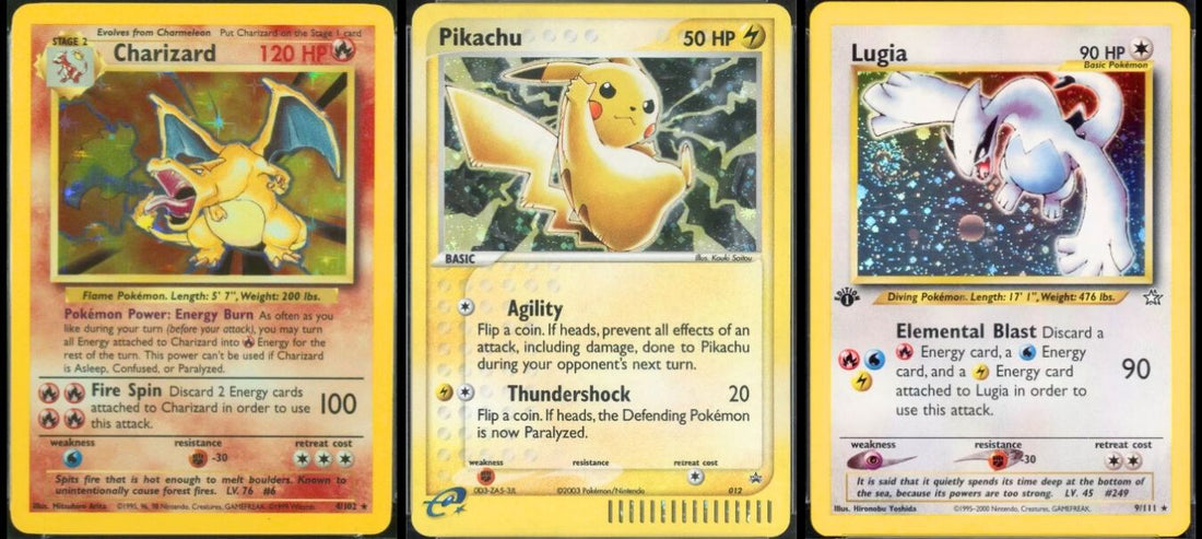 valuable Pokemon cards featuring Charizard, Pikachu, and Lugia in holographic foil designs