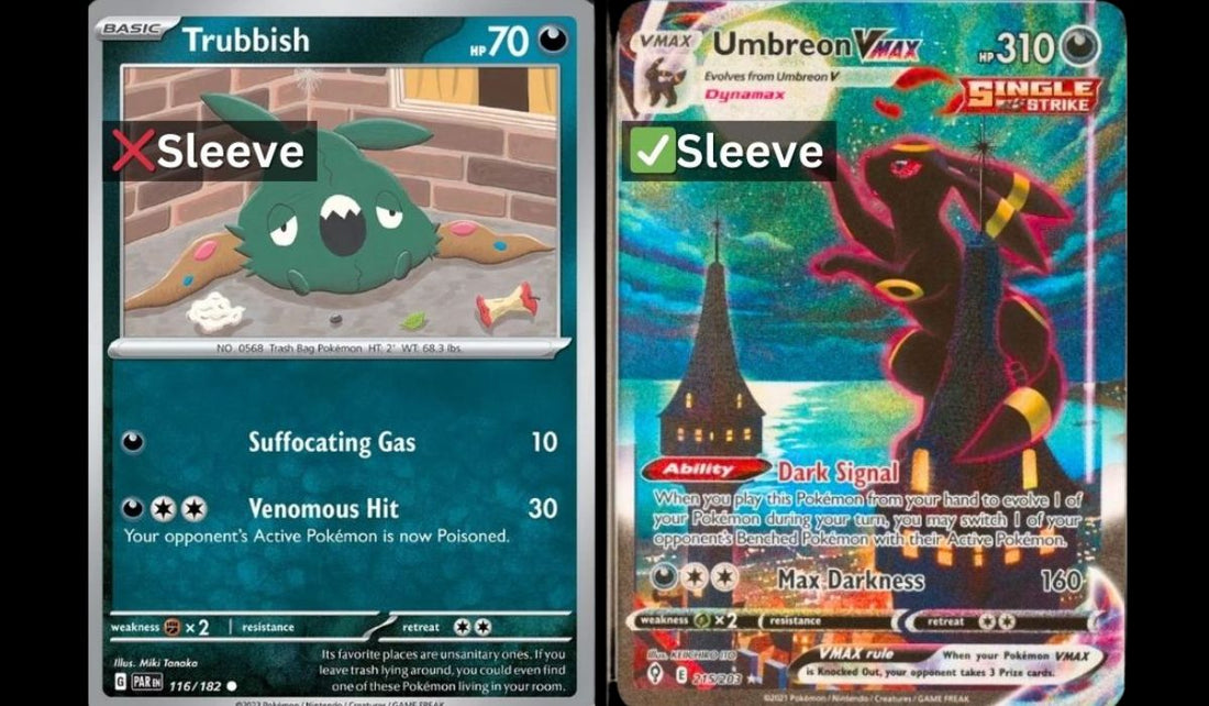 Trubbish common card with do not sleeve symbol next to Umbreon VMAX alternate art card with sleeve symbol