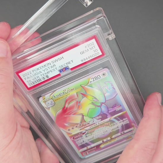 PSA slab protector magnetic acrylic case demo with Lugia card snapping into place