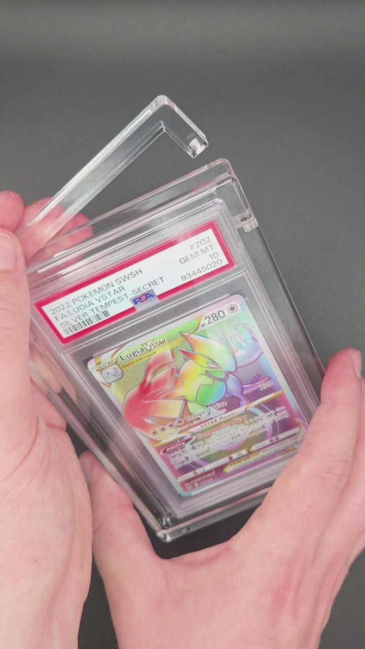 PSA slab protector magnetic acrylic case demo with Lugia card snapping into place